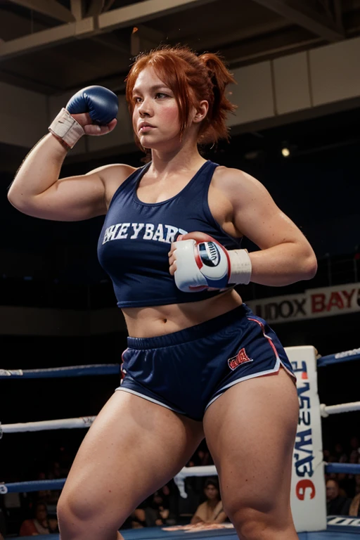 American chubby girl with red hair wearing navy blue suplex shorts, navy blue tank top and red boxing gloves posing as a winner in a fighting arena