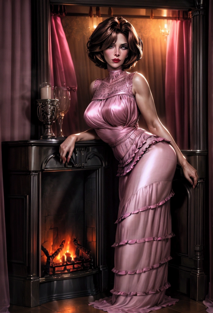 ((Jane Kaczmarek aged 40, linda (90s style, the haircut is layered and with curtain bangs over the eyes), sensual and seductive, she is standing next to a fireplace, wearing a thin pink silk dress, with a seductive and attractive look of curved eyelashes, sensual mouth wearing red lipstick, symmetrical face, perfectbody, slender, skin depth, delicate and highly detailed face)), using the best shadow and lighting techniques, to create a mesmerizing portrait that transcends the visual, ultra-realistic image, perfect symmetry, vibrant and clear, dynamic view, high level of detail and definition, 1200 PPI - Photographic resolution with greater color realism, hyperrealisti, high fidelity, cinematic, 8K UHD image resolution.