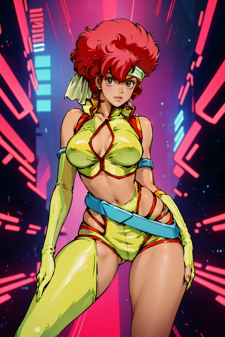 Kei from The Dirty Pair, , wearing a tight yellow outfit, frame, legs, medium breast, red hair beauty, cyberpunk city background, holding retro space-gun, headband, slim waist, slim thighs, thigh gap