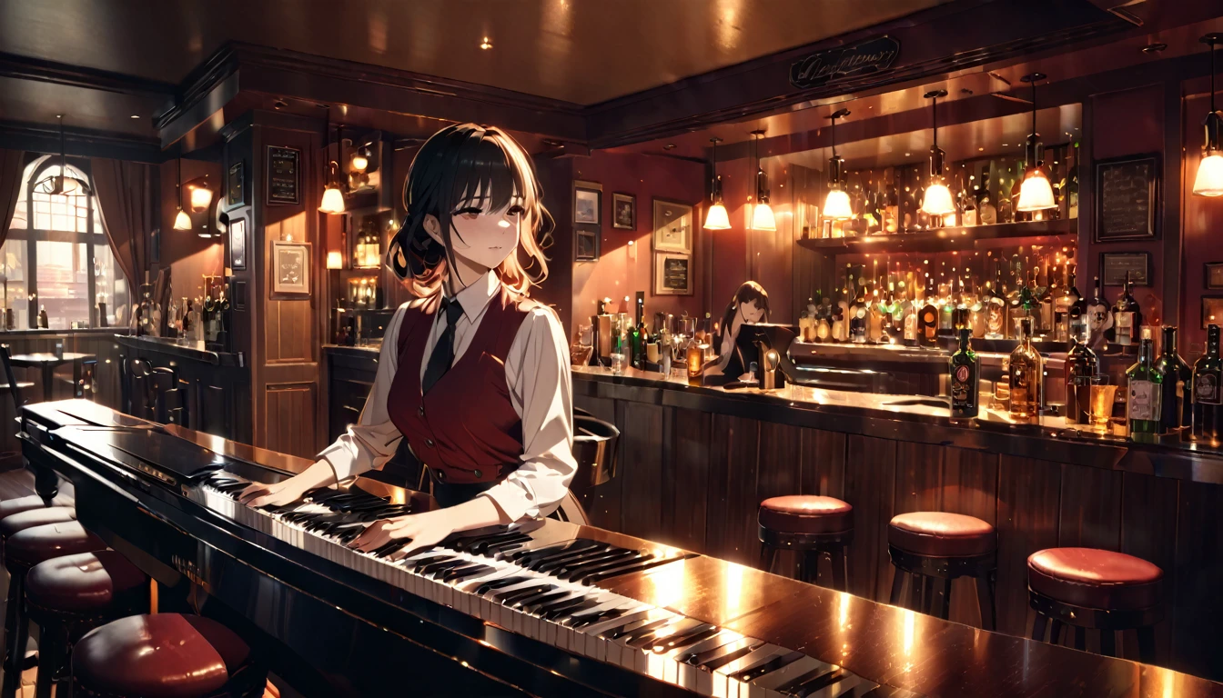 Irish pub open、8pm、One customer、One piano player、One singer、One bartender、chiaroscuro lighting, dramatic lighting, warm color palette, high quality, 8k, photorealistic, masterpiece, cinematic, dramatic