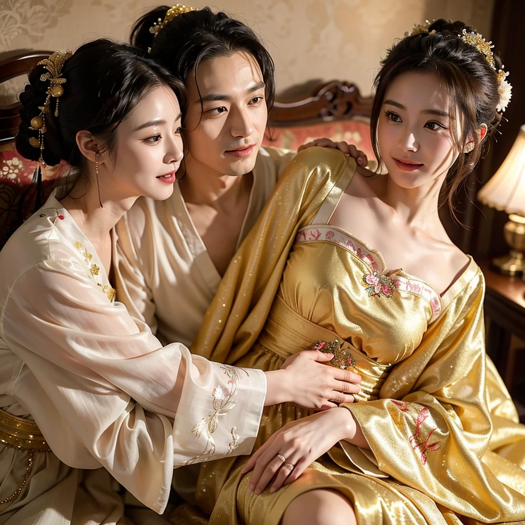 ((Highest quality)), ((masterpiece)), (detailed), (Perfect Face)、The Japanese woman is wearing a gorgeous and glittering Hanfu with gold embroidery and trim, and an engagement ring.、On a luxurious bed, the woman is fondling her breasts and body with a middle-aged Chinese man, they embrace and kiss, have sex and seem to be making love happily.、The woman becomes a Chinese wife and they become a happy, loving Chinese couple.
