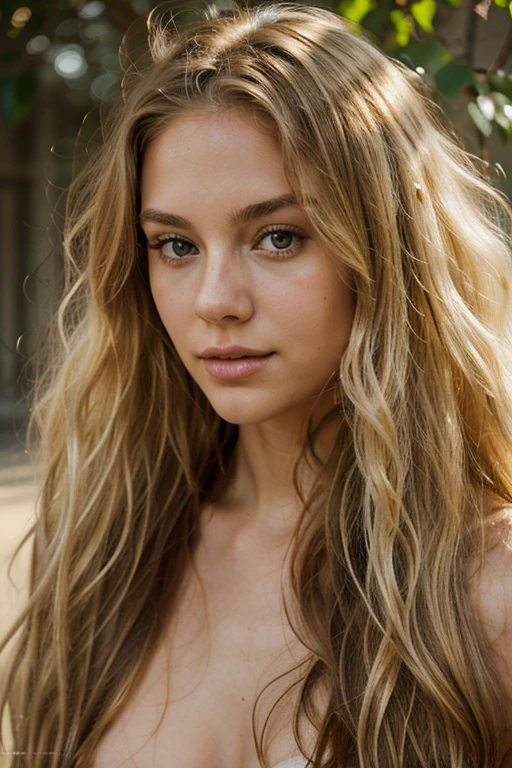 A photorealistic portrait of a 24 year old American woman with long hair, flowing blonde hair and striking eyes. It should have a natural, approachable expression and be lit by soft golden sunlight. Capture this image with high-resolution photography using an 85mm lens for a flattering perspective." woman similar to Brigite Bardot, long wavy golden hair and very light golden highlights, seen all over her body, naked woman
