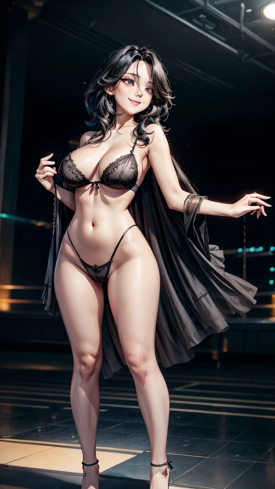 a beautiful woman with long black hair, big breasts, wearing sexy black lingerie, front view, smiling, standing at the dance pool, sexy dance, View from below, fullbody shot, long shot,