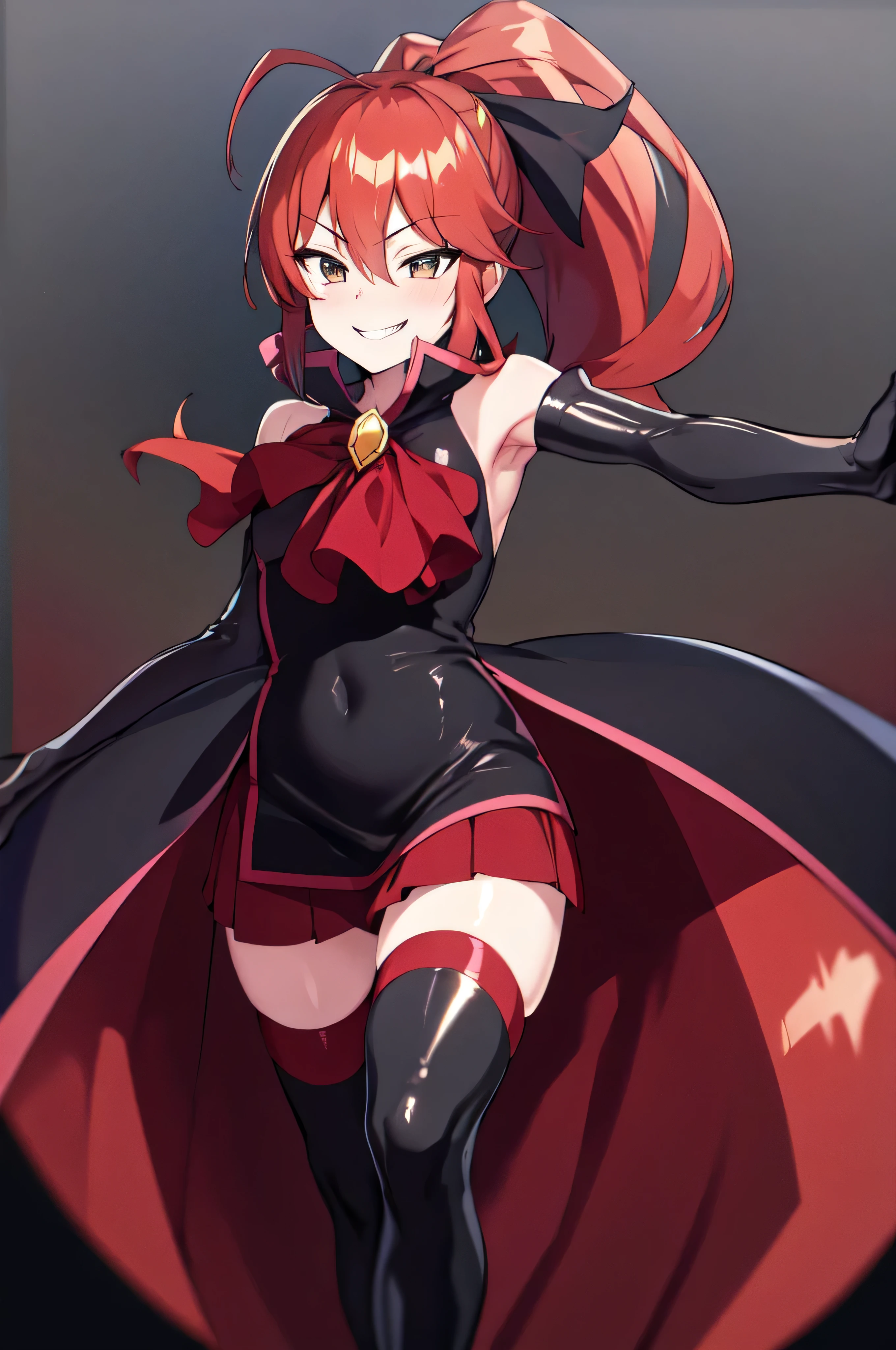 Highest quality, masterpiece, One Girl,Not beautiful, Red Ponytail, Long dress, brooch, Hair Ribbon, Black knee socks, Standing on the rubble, (Wicked Smile:1.1), ,,Dark shadowed face,Sadistic smile,Malice,Contempt,smile,latex,Bad face,,Red Skirt,two hands,Two legs,five fingers,evil background,elbow gloves,latex, Wicked Smile, devilish aura (Shiny fabric:1.5),Dark world background,solo,kick