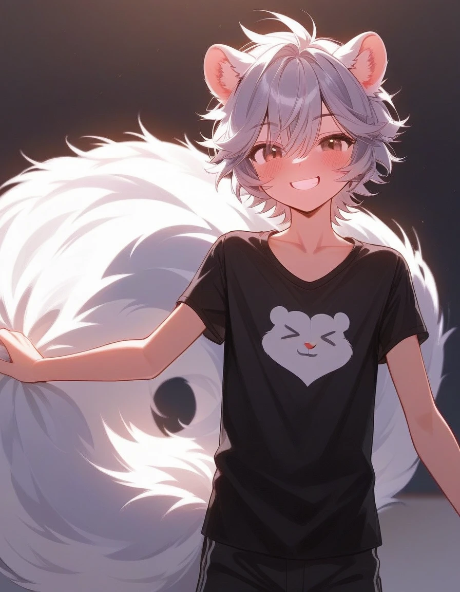 Best quality, Super detailed illustration, warm colors, perfect lighting, (Fluffy skunk boy:1.6), disheveled thick hair, European Clothing ,smug smile, against the backdrop of the bazaar, Happy mood , a femboy, slim, perfect body,