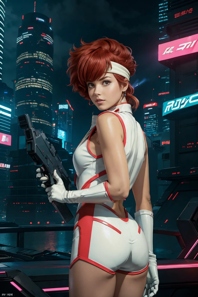 best quality,ultra-detailed,portrait of Kei from The Dirty Pair,realistic,animesque, vibrant colors,bold and dynamic pose,powerful expression,beautiful detailed eyes,intense,sharp focus,medium:anime style,short red hair,wearing her signature white jumpsuit and pink gloves,holding a laser gun in her hand,standing in front of a futuristic cityscape as the sun sets,featuring neon lights and towering skyscrapers,creating a cyberpunk atmosphere,with a touch of mystery and adventure, green headband, rear view, show butt