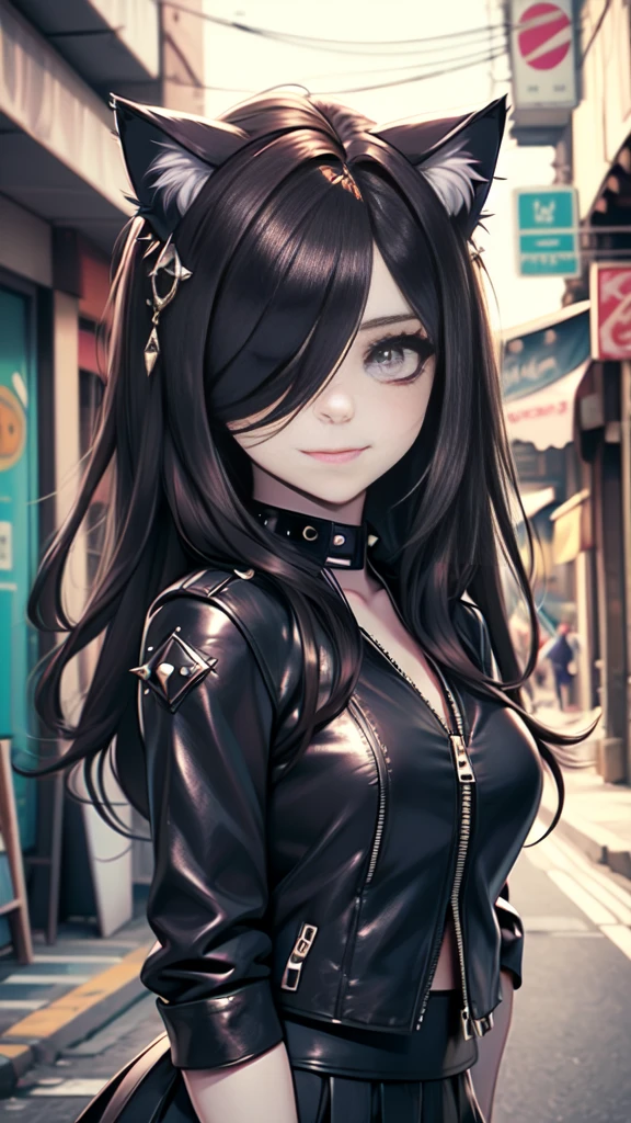 very young slim fit girl, at full height, (rounded face:1.2), very long disheveled dark brown hair, (big brown eyes:1.2), shy smile, perfect flat breast, band on head with fake cat ears, parororo, eyelashes, ariawm, accurate snub nose, (very long strand of hair between eyes:1.3), wearing a studded leather jacket and tulle skirt, with dramatic makeup, summer street, old city, hair over one eye 