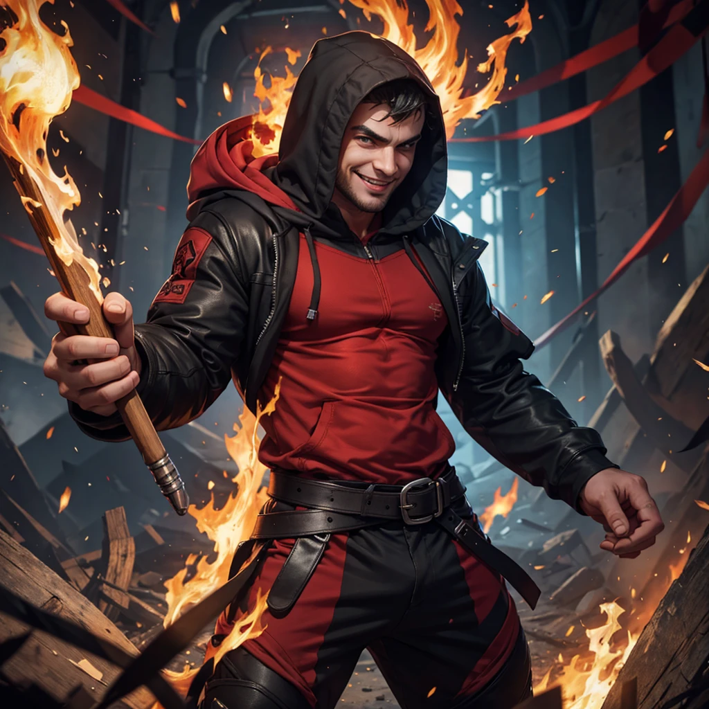 naughty man, details with fire, red clothes with black with fire, short black hair, hooded cloak, mask, anatomically correcte, high qualiy, laughter, Eyes red, tongue out, seducing smile, Action Painting,