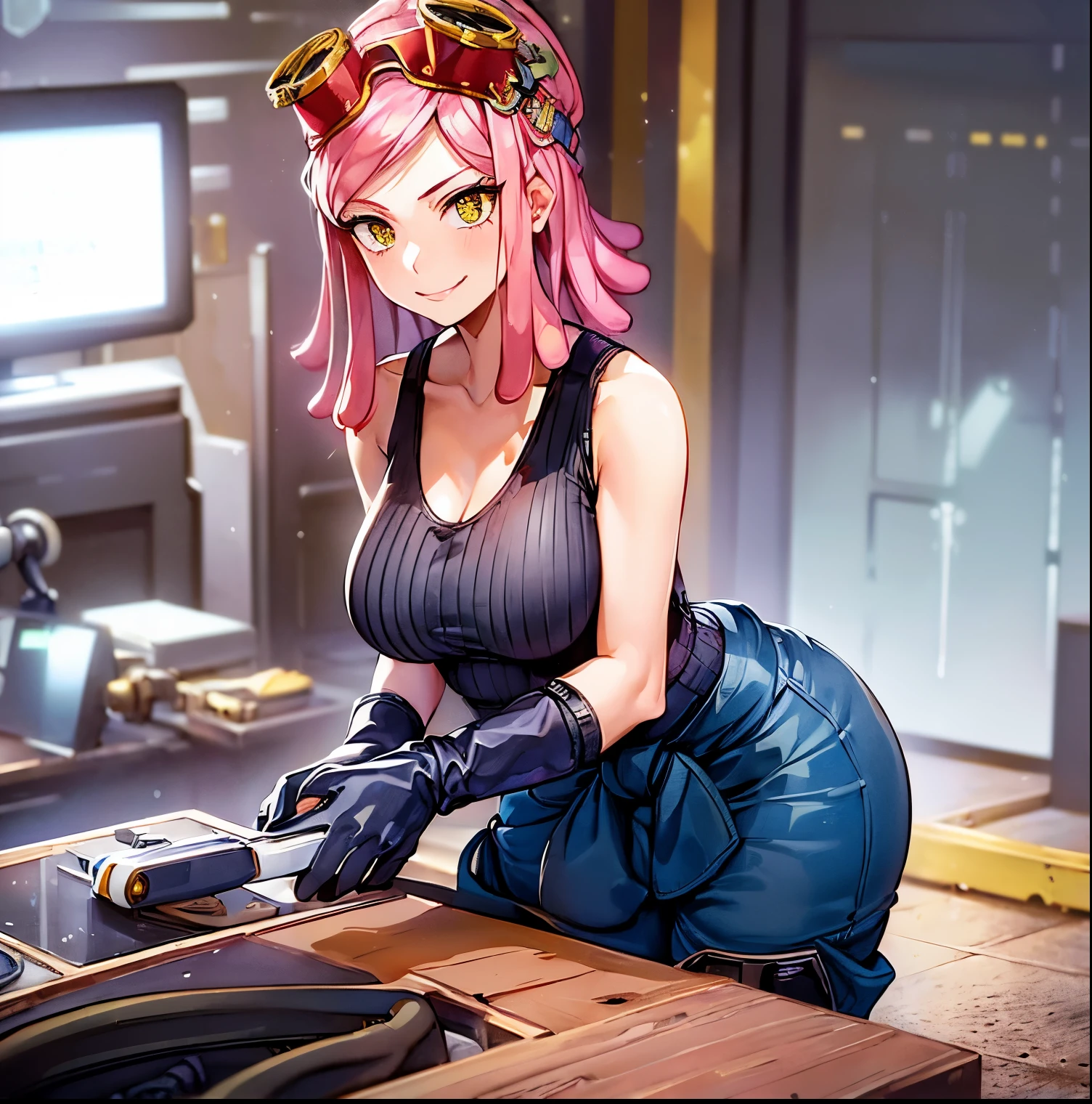 ((1girl)),((alone)), hatsume mei,(masterpiece), (best quality), (ultra detailed), (best illustration), (best shadow), (absurdities), sharp focus, cowboy shot , dynamic posture looking at the viewer, large breasts, narrow waist, wide hips, wide thighs, round butt, erotic, romantic, (very detailed eyes, lips 1.1), very detailed eyes, eyes, Very detailed face, Very pretty face, height full, beautiful slim figure, femininity, expressive appearance, elastic big breasts, sexuality, pink hair, short hair, ((mechanic's protective glasses on the head)), ((tank top:1.3)), ((dark blue t-shirt :1.3)),((neckline:1.3)), ((loose pants:1.3), ((black pants)),((tool belt))((around waist)),(bangs), (( symbol-shaped pupils), ((yellow eyes)), ((mechanic's gloves)), ((white tennis shoes)), black socks, defined body, perfect and beautiful body, perfect and beautiful, closed mouth, smile, happy smile, blushing, (sexy pose: 1.2), ((solo)), standing: 1.3, indoor, mechanical workshop, tools, workbench, looking forward, ((focus on thighs)), point of view : (from the middle), perfect anatomy, perfect hands
