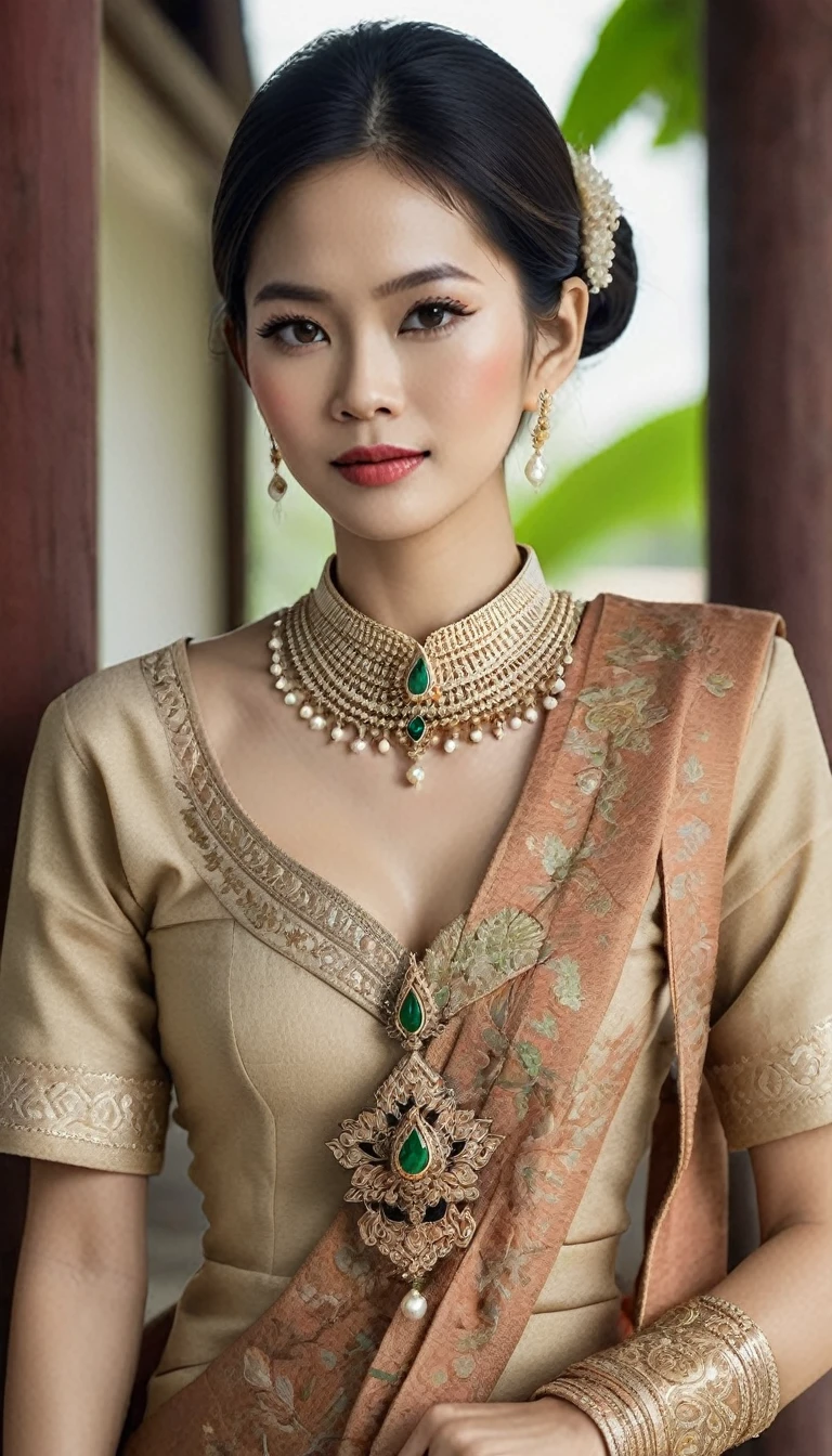 An exquisite Thai woman dressed in traditional Thai attire, adorned with delicate Thai jewelry, set against the backdrop of an ancient Thai house. The image should showcase the intricate details and unique cultural essence of Thailand clearly."