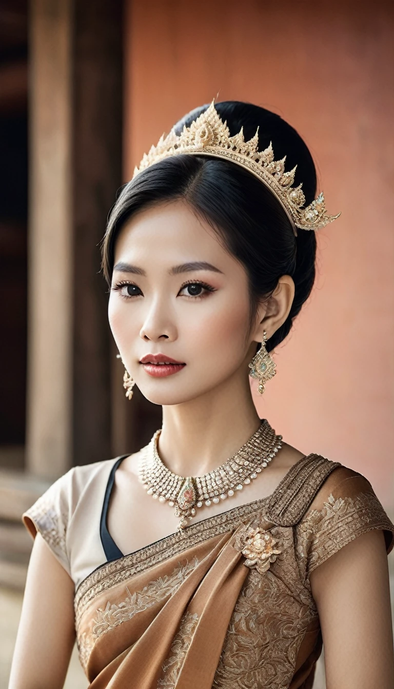 An exquisite Thai woman dressed in traditional Thai attire, adorned with delicate Thai jewelry, set against the backdrop of an ancient Thai house. The image should showcase the intricate details and unique cultural essence of Thailand clearly."
