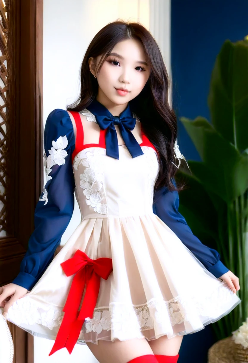 ((Best resolution)), ((high quality:1.2)), Work of art, 8k, extremely detailed, ((High detail:1.2)), (HotLexi woman), Solo, 24 year old Korean Ulzzang female, (cutout dress), (beautiful perfect face:1.23),