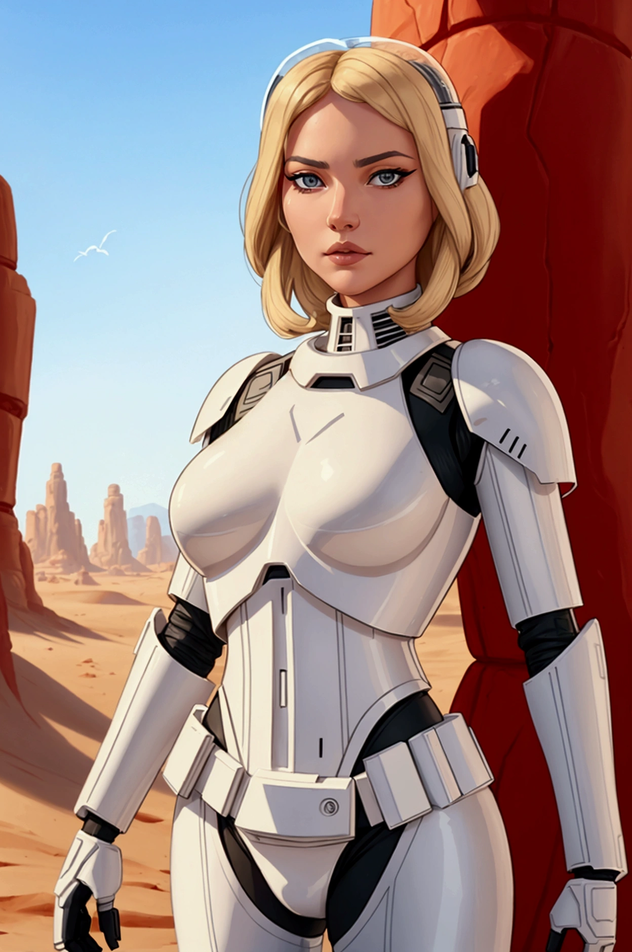 Accamary4, Accamary4, Average shot of a blonde female imperial stormtrooper against the backdrop of the desert., Based on concept art by Magalie Villeneuve., Trends in CG society, AB """""star Wars"""": The old Republic", influenced by the conceptual art of Ralph McQuarrie. The stormtrooper has a strong and confident expression on his face., emphasizing detailed facial features, like beautiful detailed eyes, lABios detallados, and extremely detailed eyes and face.. She is dressed in the traditional white armor of a stormtrooper.., with an elegant and futuristic design.. Combining illustration elements, 3D rendering, and photography, The result is a visually impressive and immersive piece... Colors and lighting are bright and dynamic., Improve the overall atmosphere of the artwork.. Image quality is paramount, with the best quality, 4K or 8K resolution, High resolution, and a masterpiece:1.2, making it a true masterpiece in terms of quality and detail..