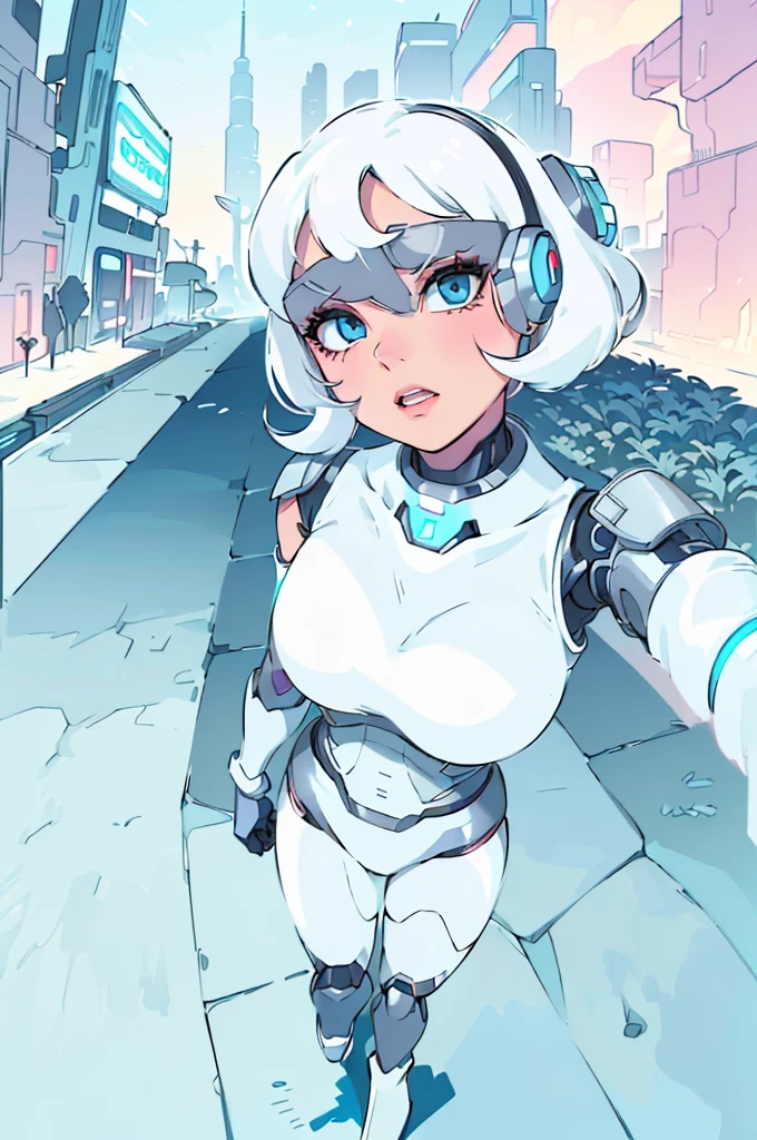 there is a woman in a silver robot suit taking a selfie, cyborg - girl with silver hair, cyborg - girl, cyborg girl, perfect anime cyborg woman, cute cyborg girl, barbie cyborg, Perfect android girl, beautiful white cyborg girl, robot girl, Like a retro futuristic heroine, Posing in Neo - Tokyo Futuristic, linda cyborg girl, anime cyborg