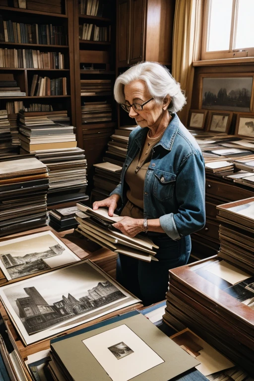 Old photographer sorting through stacks of old lithographs