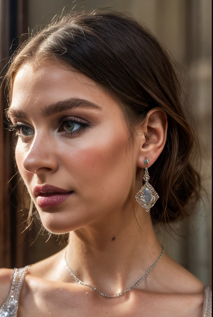 (masterpiece, Best Quality), intricate details, realist, photorealist, a closeup of a woman wearing earrings, inspired by Emma Andijewska, wrapped in crystals, silver color, long aretes, sandra chevier, huge earrings, 2019, Blue-eyed, platinum jewelry, arete, impeccable structure, payment methods,
