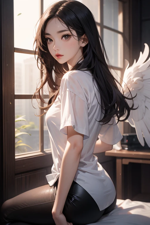 (best qualityer, work of art, 8k, photo realist, cinematic lighting, 1:4 HDR image, ultra detaild, Beautiful picture),Araffe woman with long black hair and a white shirt, with a son, iu Lee Ji-eun as a super villain, Jaeyeon Nam, Korean female actress, kwak ji jovem, Lee Ji-eun, Lee Ji-eun, Jinyoung Shin, young pale angel, Park Shin Hye como um supervilão, beautiful korean actress, heonhwa choe, Tae June Kim))