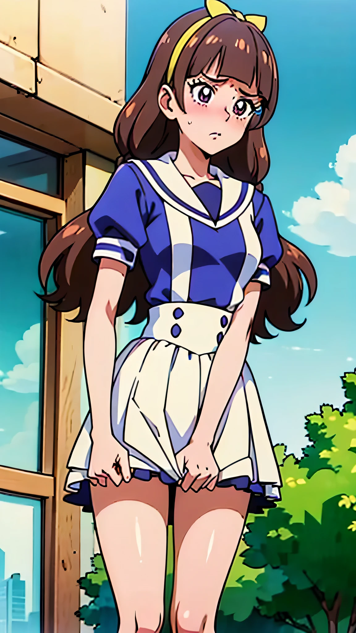 1 girl, (solo), ((amanogawaki)), best quality, highres, high quality, 8k, HD, super detail, anatomically correct, UHD, accurate, (masterpiece:1.2), (high quality:1.0), (ultra detailed), (Front View), (Embarassed), Blushing, Brat, (Blue White Uniform), Uniform Skirt, Adult, Yellow Headband, (((skirt tug))), Looking Down