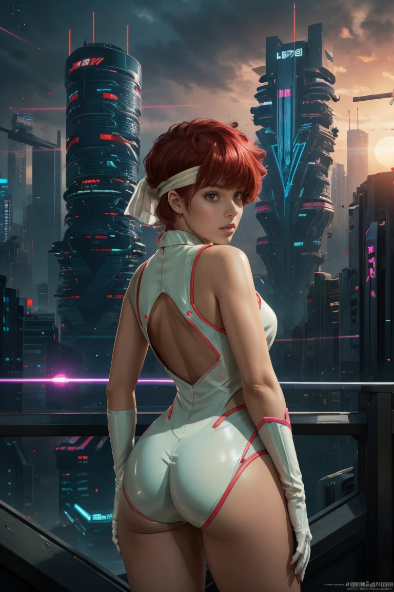 best quality,ultra-detailed,portrait of Kei from The Dirty Pair,realistic,animesque, vibrant colors,bold and dynamic pose,powerful expression,beautiful detailed eyes,intense,sharp focus,medium:anime style,short red hair,wearing her signature white jumpsuit and pink gloves,holding a laser gun in her hand,standing in front of a futuristic cityscape as the sun sets,featuring neon lights and towering skyscrapers,creating a cyberpunk atmosphere,with a touch of mystery and adventure, green headband, rear view, show butt