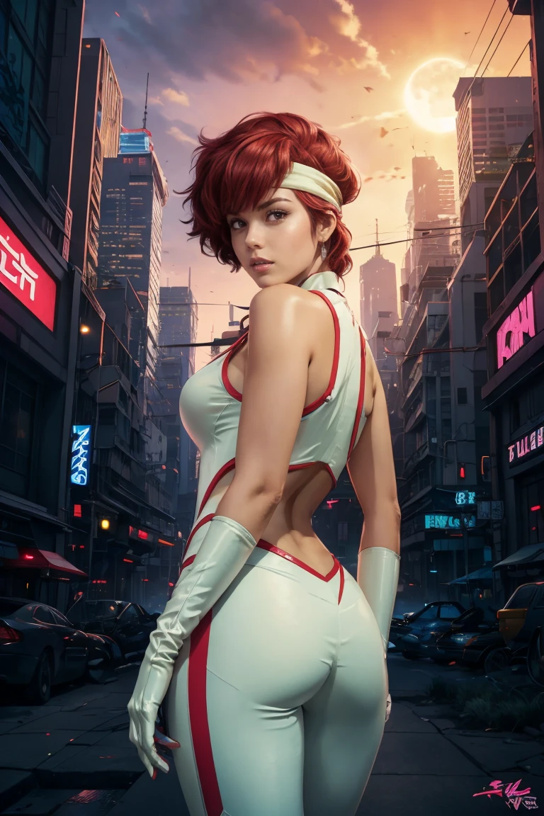 best quality,ultra-detailed,portrait of Kei from The Dirty Pair,realistic,animesque, vibrant colors,bold and dynamic pose,powerful expression,beautiful detailed eyes,intense,sharp focus,medium:anime style,short red hair,wearing her signature white jumpsuit and pink gloves,holding a laser gun in her hand,standing in front of a futuristic cityscape as the sun sets,featuring neon lights and towering skyscrapers,creating a cyberpunk atmosphere,with a touch of mystery and adventure, green headband, rear view, show butt