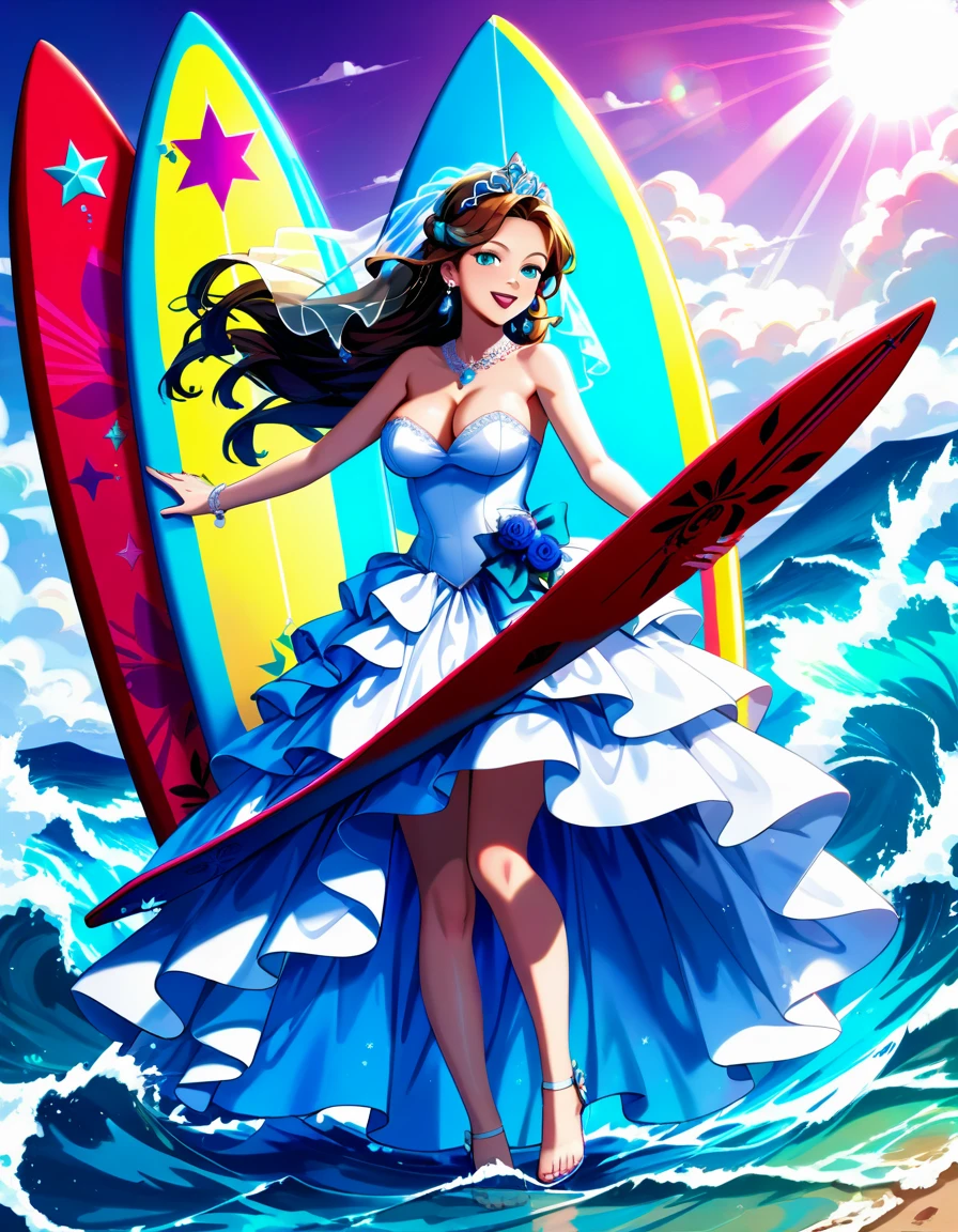 a portrait of a bride surfing the waves, on a sunny day in ocean, an exotic beautiful bride, ((anatomically correct: 1.5)) ultra detailed face, dynamic hair color, dynamic hair style, dynamic skin complexion, (best detailed face: 1.5), busty wearing intricate, elegant bride's dress, glamour bride dress, barefoot, she is surfing an (surf board: 1.3) she surfs a massive wave, sunny day, sun rays, some clouds, wavy ocean background, vibrant, Ultra-high resolution, High Contrast, (masterpiece:1.5), highest quality, Best aesthetics), best details, best quality, highres, 16k, (ultra detailed: 1.5), masterpiece, best quality, (extremely detailed) RAW, (ultra details, Masterpiece, best quality), sexy wedding dress, princess dress