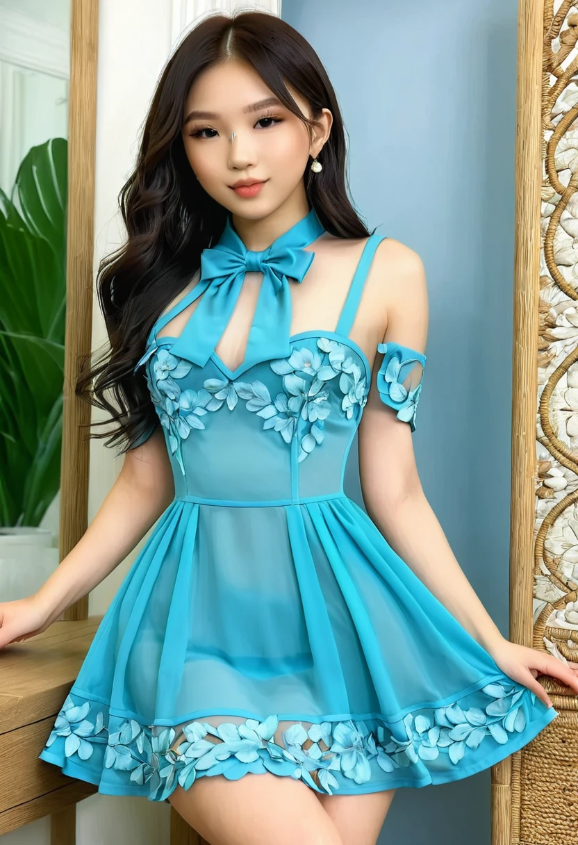 ((Best resolution)), ((high quality:1.2)), Work of art, 8k, extremely detailed, ((High detail:1.2)), Solo, 24 year old Korean Ulzzang female, (cutout dress), (beautiful perfect face:1.23),