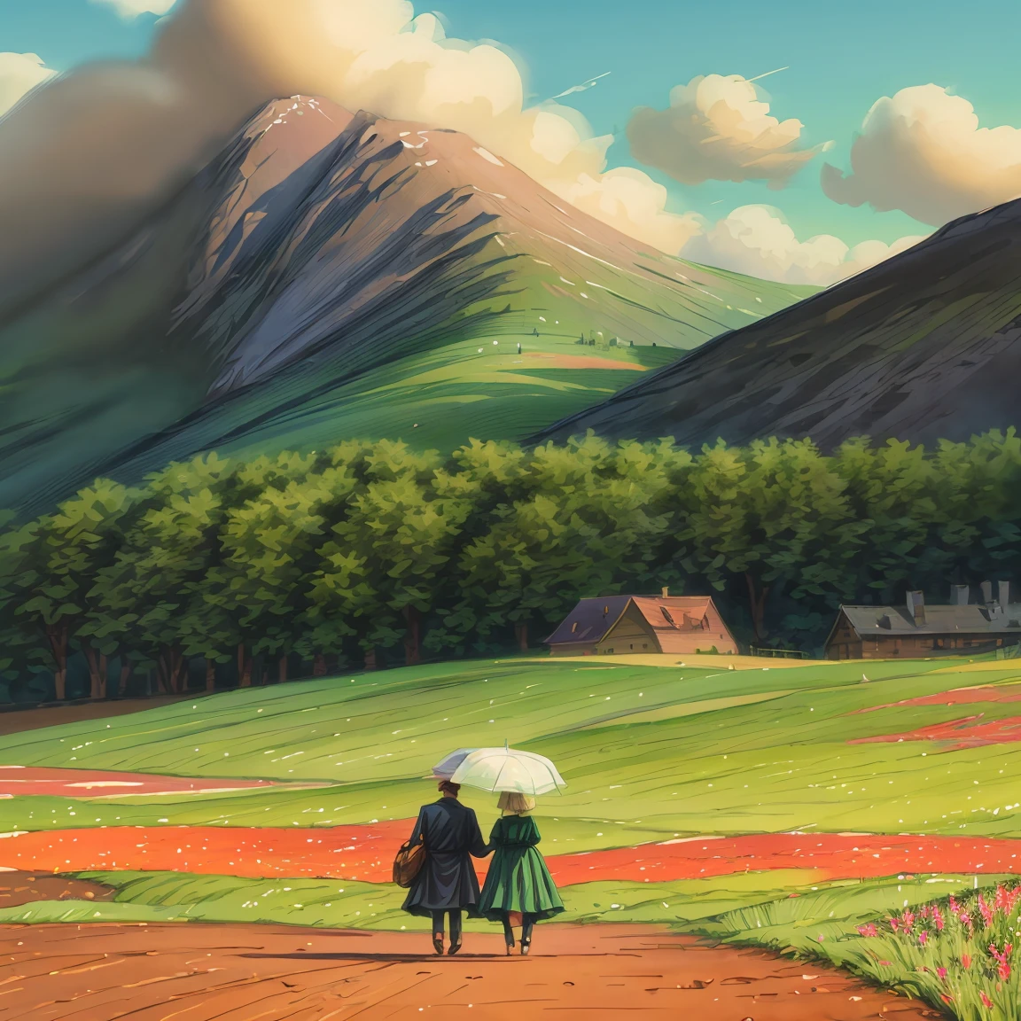 A romantic couple standing together on a grassy plain, holding a red umbrella. The man and woman embrace each other tenderly, looking into each other's eyes with love and joy. The scene is set against a backdrop of a vast open landscape, with a beautifully clouded blue sky above. The colors are vibrant and full, enhancing the lush green grass in the foreground that stretches out, providing a soft and lively base for the scene. The image has a slightly painterly effect, with the colors appearing vivid and soft, reminiscent of an anime or watercolor painting. The overall atmosphere is cheerful and romantic, capturing a tender and happy moment between the couple. The focus is on the couple, with the background slightly blurred, adding depth to the composition. The photograph is taken from a wide perspective, making the couple appear far away, and capturing a broad view of the vibrant sky and landscape. This wide-angle approach emphasizes the expansive beauty of the surroundings, highlighting the bright, blue sky and fluffy clouds, along with the rolling grassy fields, creating a joyful and colorful ambiance