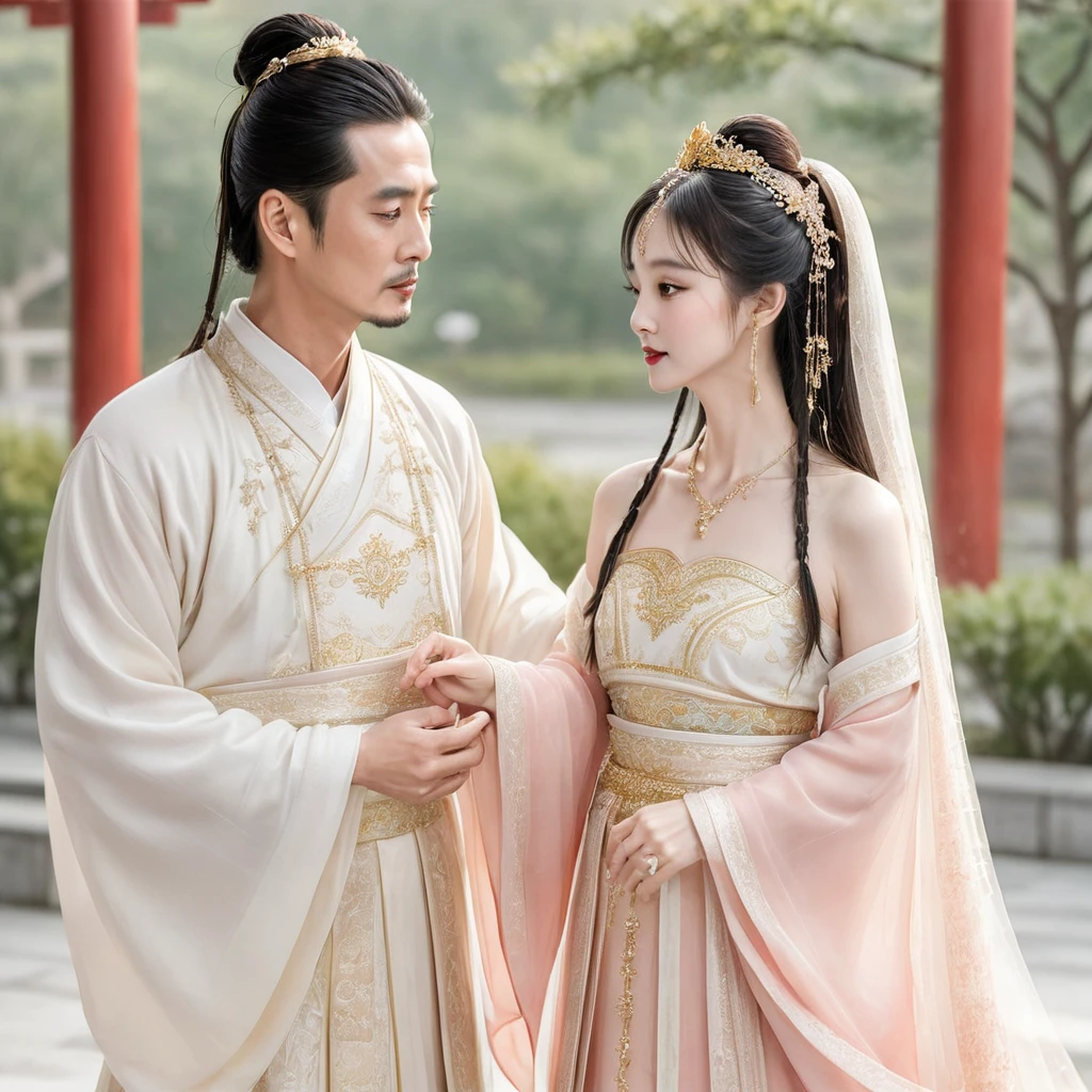 ((Highest quality)), ((masterpiece)), (detailed), (Perfect Face)、The woman is wearing a gorgeous, glittering Hanfu with gold embroidery and trim, and an engagement ring.、The woman and the middle-aged Chinese man embrace each other, kiss each other in vows, and are happily married at a luxurious Chinese wedding venue.