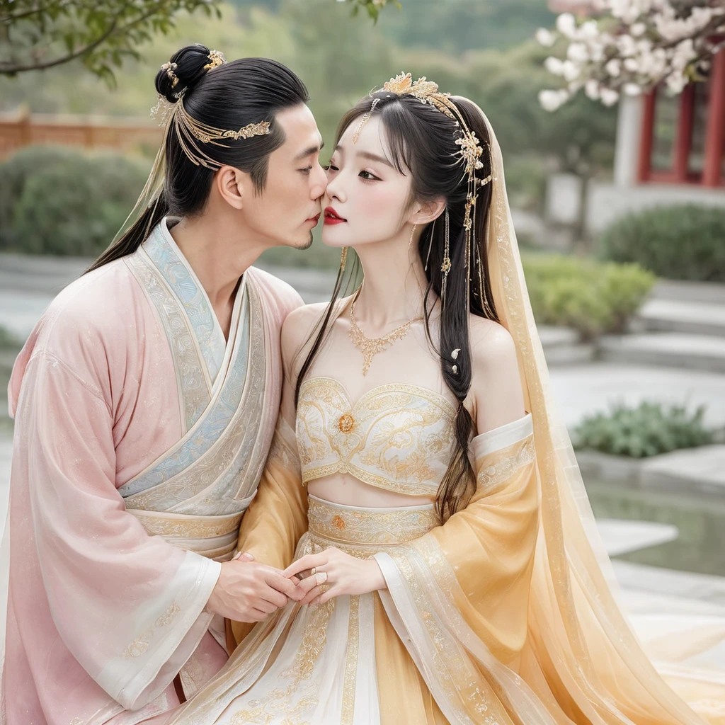 ((Highest quality)), ((masterpiece)), (detailed), (Perfect Face)、The woman is wearing a gorgeous, glittering Hanfu with gold embroidery and trim, and an engagement ring.、The woman and the middle-aged Chinese man embrace each other, kiss each other in vows, and are happily married at a luxurious Chinese wedding venue.