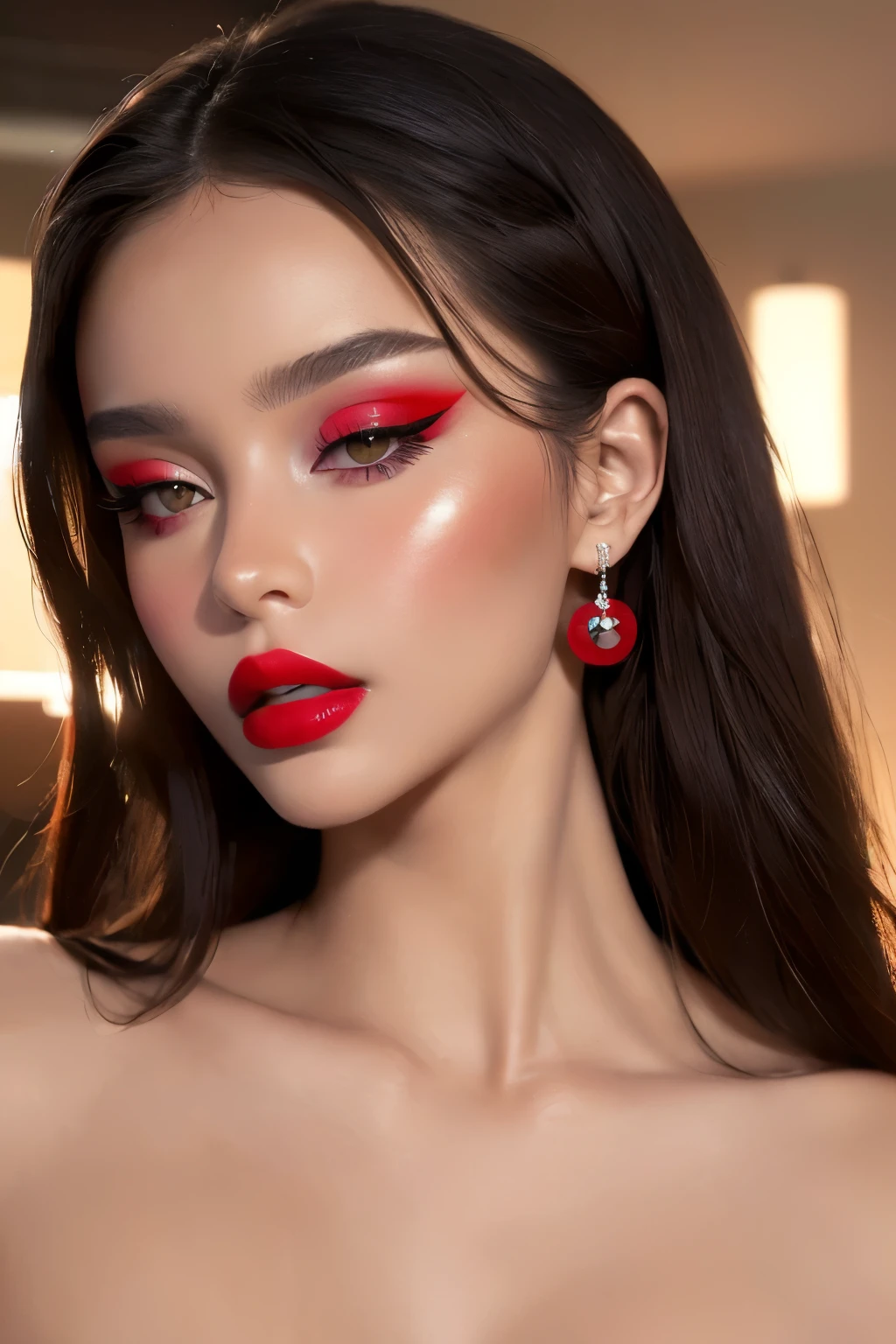 (masterpiece, best quality), 1girl, closeup, close up, portrait, Makeup, Latina, Style, Aesthetic, Babe, Lips, Red lips, Sexy, dark hair, indoors