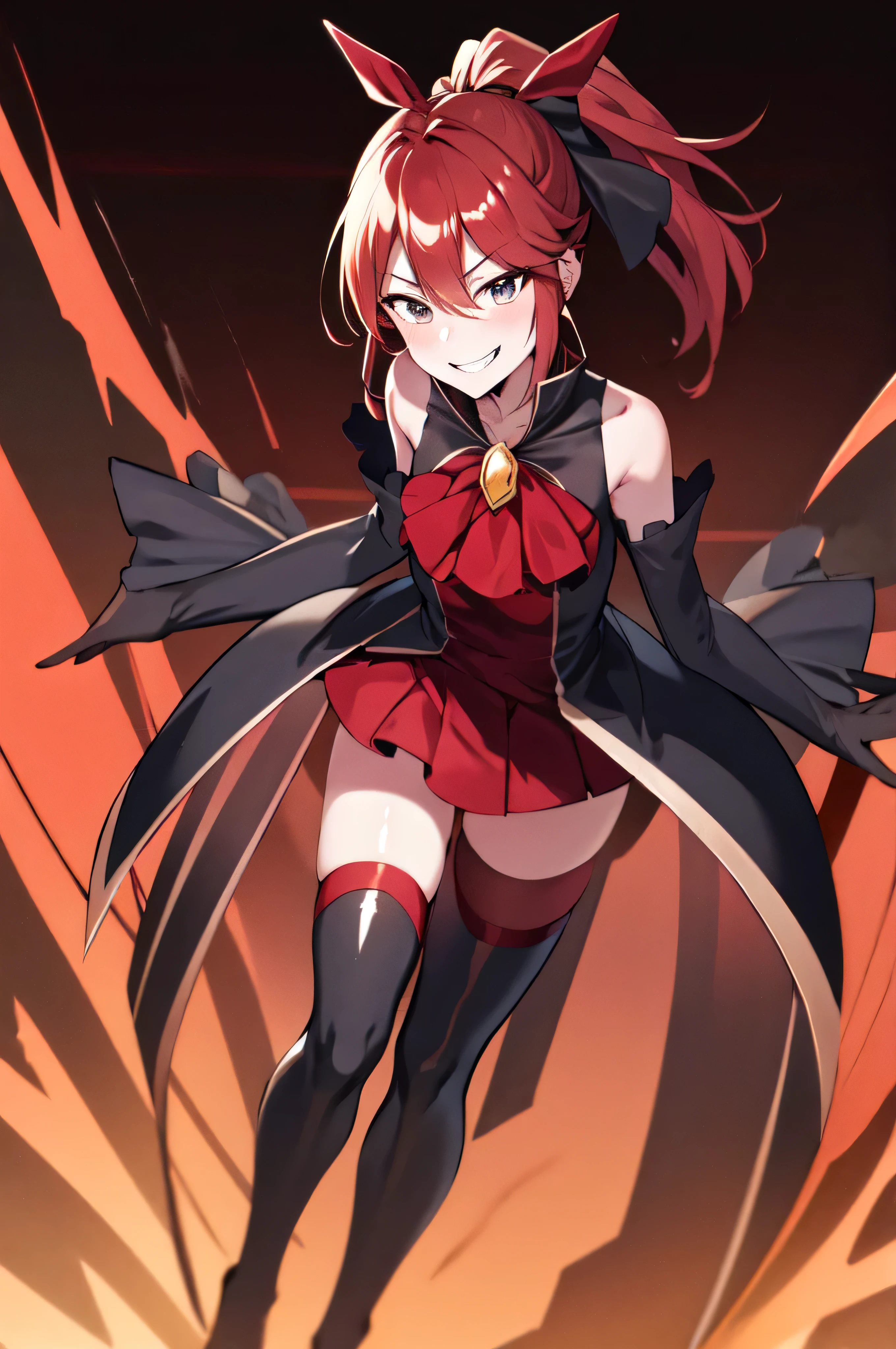 Highest quality, masterpiece, One Girl,Not beautiful, Red Ponytail, Long dress, brooch, Hair Ribbon,  Black knee socks, Standing on the rubble,  (Wicked Smile:1.1), ,,Dark shadowed face,Sadistic smile,Malice,Contempt,smile,latex,Bad face,,Red Skirt,two hands,Two legs,five fingers,evil background,elbow gloves,latex, Wicked Smile, devilish aura (Shiny fabric:1.5),Dark world background,solo,



