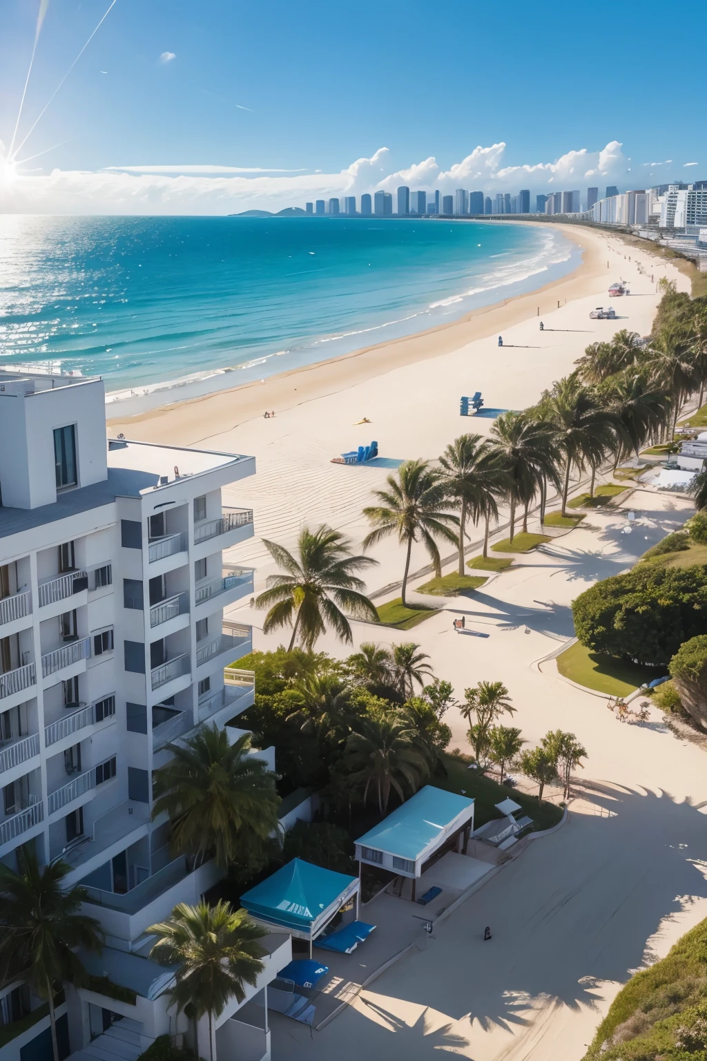 beachfront with sun protection and buildings nearby, no clouds