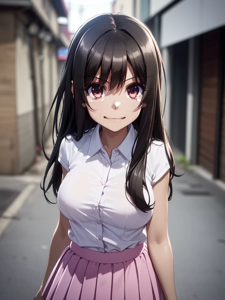 great quality ++ Extremely detailed high resolusionolution, (((very aesthetic))), expressive eyes, (((perfect face))), (((((face symmetrical))))), ((((perfect face)))), (((((good anatomy))))), (((perfect hands))), (((8k)))), UHD, HD wallpaper, (((high detailed calidra, (((((1girl)))))), only, ((((Masterpiece)))), ((((Best quality))))), ((((high resolution)))), Highly detailed, (illustration), beautiful detailed eyes, (((combatant))), (((1girl)))), (((illyasviel von einzbern))), (((brown eyes))), (((black hair))), (((long hair))), (((dark skin))), (((dark-skinned female))), (((tan))), (((tanlines))), (((hairclip))), (((white shirt))), (((collared shirt))), (((pleated skirt))), ((((fang)))), (((asymmetrical body))), (((asymmetrical hair))), (((asymmetrical clothes))), (((adult body))), (((milfication))), (((mature female))), (((((big breasts))))), ((((Blurred smile)))),