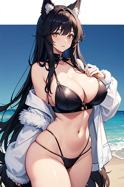 Furry wolf girl, large chest, large thighs