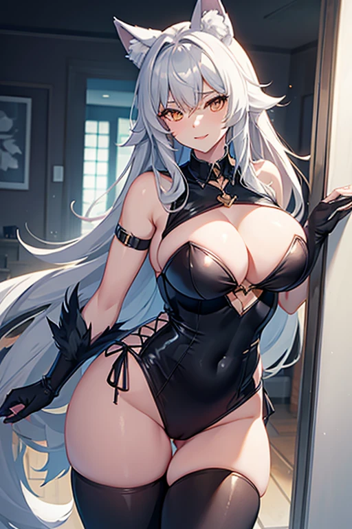 Furry wolf girl, large chest, large thighs