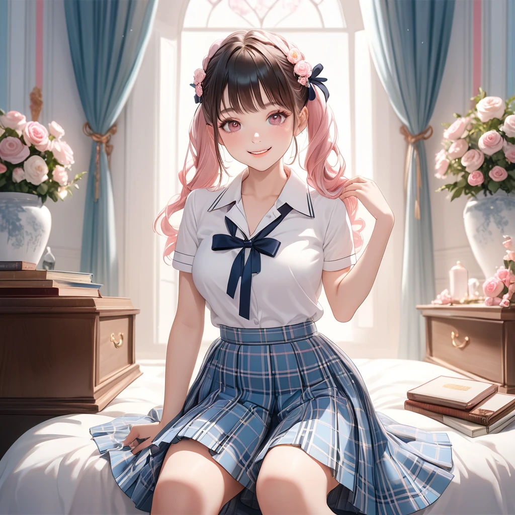 (8K, masutepiece, Highest Quality, Best Quality, Official art, Breathtaking beauty and aesthetics, A highly detailed, The best masterpiece in history that exceeds limits, Breathtaking and beautiful lighting:1.2), (1 Absolute Beautiful Girl, Solo), (), (beautiful detailed face), (shiny white skin), (beautiful detailed pink twin tails hair, Bangs:1.3), (beautiful detailed adolable drooing pink eyes:1.3), (high school uniform), (white shirt, pastel blue Tartan Plaid pleated skirt, patsel blue ribbon:1.3), (Beautiful big bust:1.3), (happy smile, Beautiful smile, Gentle smile, cute smile, innocent smile:1.2), (Attractive, amazing, Beautiful, Elegant, Luxurious, magnifica, Happy, Eye-catching, the ultimate beauty, Supreme Beauty, Superlative beauty, Elegant, Graceful, Everyone loves it, Beauty that fascinates everyone, Healed, The highest level of complete beauty, cute like an idol, Stylish like a fashion model, Goddess-like grace, Be loved, cute little, adolable), Look at the camera, cute pose, breathtaking scenery, (ultra detailed realistic Beautiful high school study, morning:1.3),Black clothes 