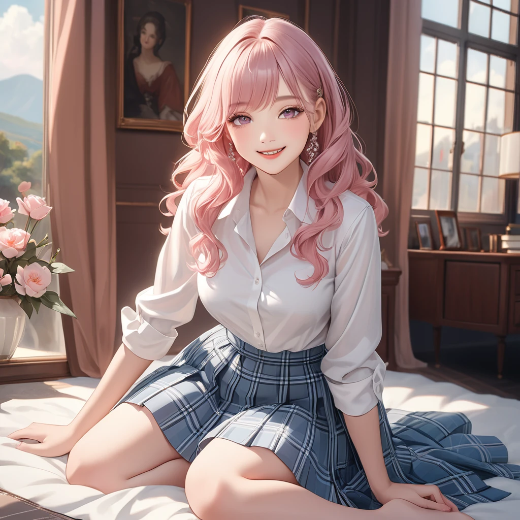 (8K, masutepiece, Highest Quality, Best Quality, Official art, Breathtaking beauty and aesthetics, A highly detailed, The best masterpiece in history that exceeds limits, Breathtaking and beautiful lighting:1.2), (1 Absolute Beautiful Girl, Solo), (sixteen years old), (beautiful detailed face), (shiny white skin), (beautiful detailed pink twin tails hair, Bangs:1.3), (beautiful detailed adolable drooing pink eyes:1.3), (high school uniform), (white shirt, pastel blue Tartan Plaid pleated skirt, patsel blue ribbon:1.3), (Beautiful big bust:1.3), (happy smile, Beautiful smile, Gentle smile, cute smile, innocent smile:1.2), (Attractive, amazing, Beautiful, Elegant, Luxurious, magnifica, Happy, Eye-catching, the ultimate beauty, Supreme Beauty, Superlative beauty, Elegant, Graceful, Everyone loves it, Beauty that fascinates everyone, Healed, The highest level of complete beauty, cute like an idol, Stylish like a fashion model, Goddess-like grace, Be loved, cute little, adolable), Look at the camera, cute pose, breathtaking scenery, (ultra detailed realistic Beautiful high school study, morning:1.3),Black clothes