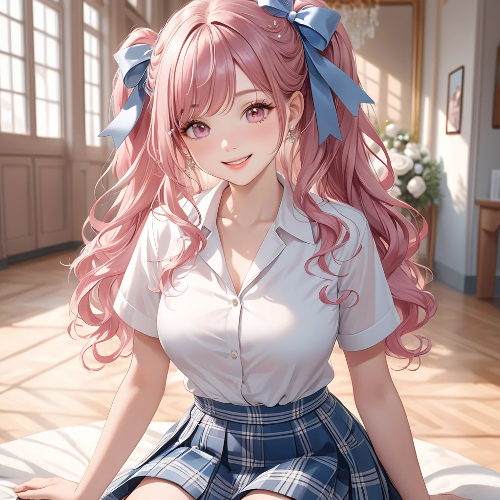(8K, masutepiece, Highest Quality, Best Quality, Official art, Breathtaking beauty and aesthetics, A highly detailed, The best masterpiece in history that exceeds limits, Breathtaking and beautiful lighting:1.2), (1 Absolute Beautiful Girl, Solo), (sixteen years old), (beautiful detailed face), (shiny white skin), (beautiful detailed pink twin tails hair, Bangs:1.3), (beautiful detailed adolable drooing pink eyes:1.3), (high school uniform), (white shirt, pastel blue Tartan Plaid pleated skirt, patsel blue ribbon:1.3), (Beautiful big bust:1.3), (happy smile, Beautiful smile, Gentle smile, cute smile, innocent smile:1.2), (Attractive, amazing, Beautiful, Elegant, Luxurious, magnifica, Happy, Eye-catching, the ultimate beauty, Supreme Beauty, Superlative beauty, Elegant, Graceful, Everyone loves it, Beauty that fascinates everyone, Healed, The highest level of complete beauty, cute like an idol, Stylish like a fashion model, Goddess-like grace, Be loved, cute little, adolable), Look at the camera, cute pose, breathtaking scenery, (ultra detailed realistic Beautiful high school study, morning:1.3),Black clothes