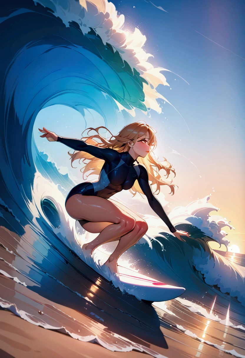 1girl, Surfing, a surfer riding a huge wave, ocean waves crashing, beautiful detailed eyes, beautiful detailed lips, extremely detailed face and skin, long hair blowing in the wind, muscular fit body, ocean spray, golden hour lighting, vibrant colors, cinematic composition, 8k, highres, masterpiece, best quality, very aesthetic, absurdres