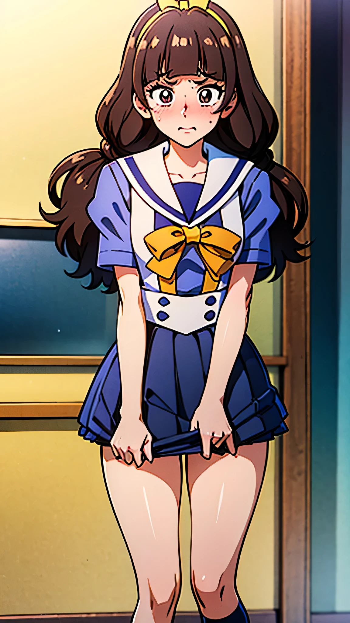 1 girl, (solo), ((amanogawaki)), best quality, highres, high quality, 8k, HD, super detail, anatomically correct, UHD, accurate, (masterpiece:1.2), (high quality:1.0), (ultra detailed), (Front View), (Embarassed), Blushing, Brat, (Blue White Uniform), Uniform Skirt, Adult, Yellow Headband, (((skirt tug))), Looking Down