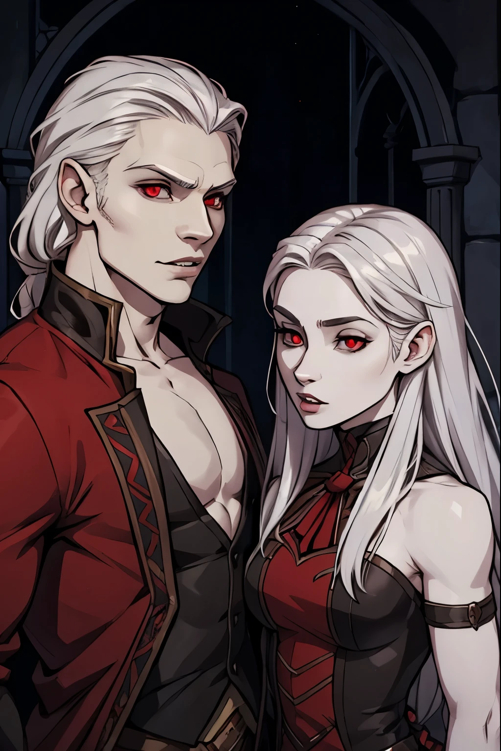 Vampire bard Brother and rogue Sister, Pale skin, White silvery hair, red eyes,