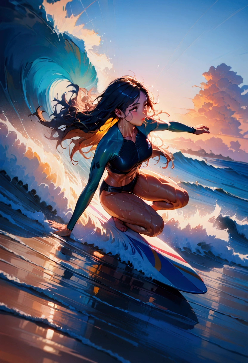 1girl, Surfing, a surfer riding a huge wave, ocean waves crashing, beautiful detailed eyes, beautiful detailed lips, extremely detailed face and skin, long hair blowing in the wind, muscular fit body, ocean spray, golden hour lighting, vibrant colors, cinematic composition, 8k, highres, masterpiece, best quality, very aesthetic, absurdres