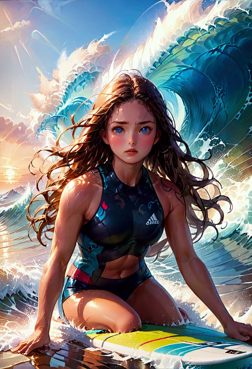 1girl, Surfing, a surfer riding a huge wave, ocean waves crashing, beautiful detailed eyes, beautiful detailed lips, extremely detailed face and skin, long hair blowing in the wind, muscular fit body, ocean spray, golden hour lighting, vibrant colors, cinematic composition, 8k, highres, masterpiece, best quality, very aesthetic, absurdres