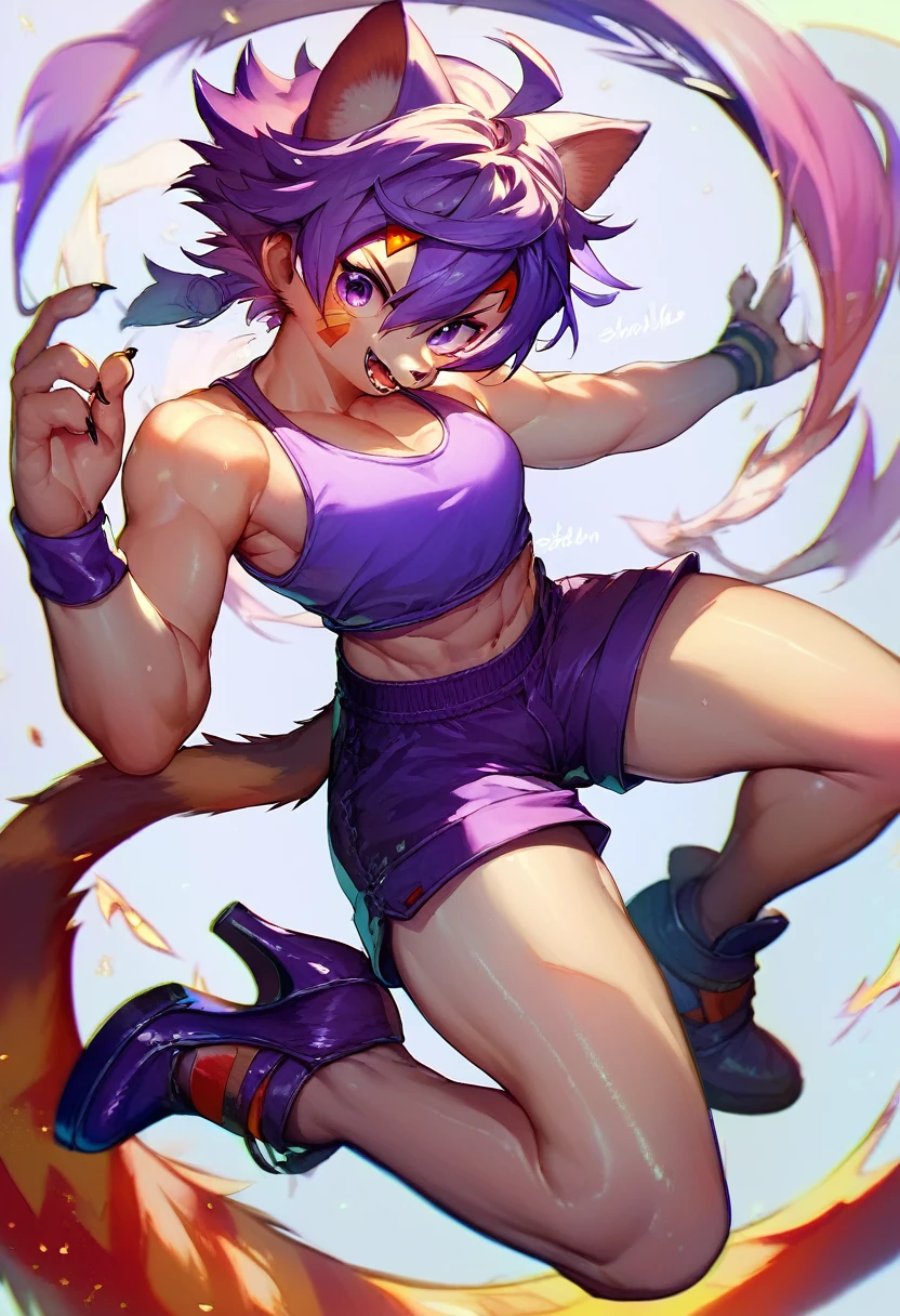 A (kemono cat ninja goddess) with short purple hair and purple eyes, (((wearing a purple tank top, purple shorts, and high heel shoes with black and purple details))), ((posing with shurikens in her hands and a large shuriken on her back)), highly detailed, dynamic pose, 8k, hyper detailed, studio lighting, sharp focus, intricate details, elegant, graceful, dynamic, action pose, female lead, dramatic lighting, cinematic composition