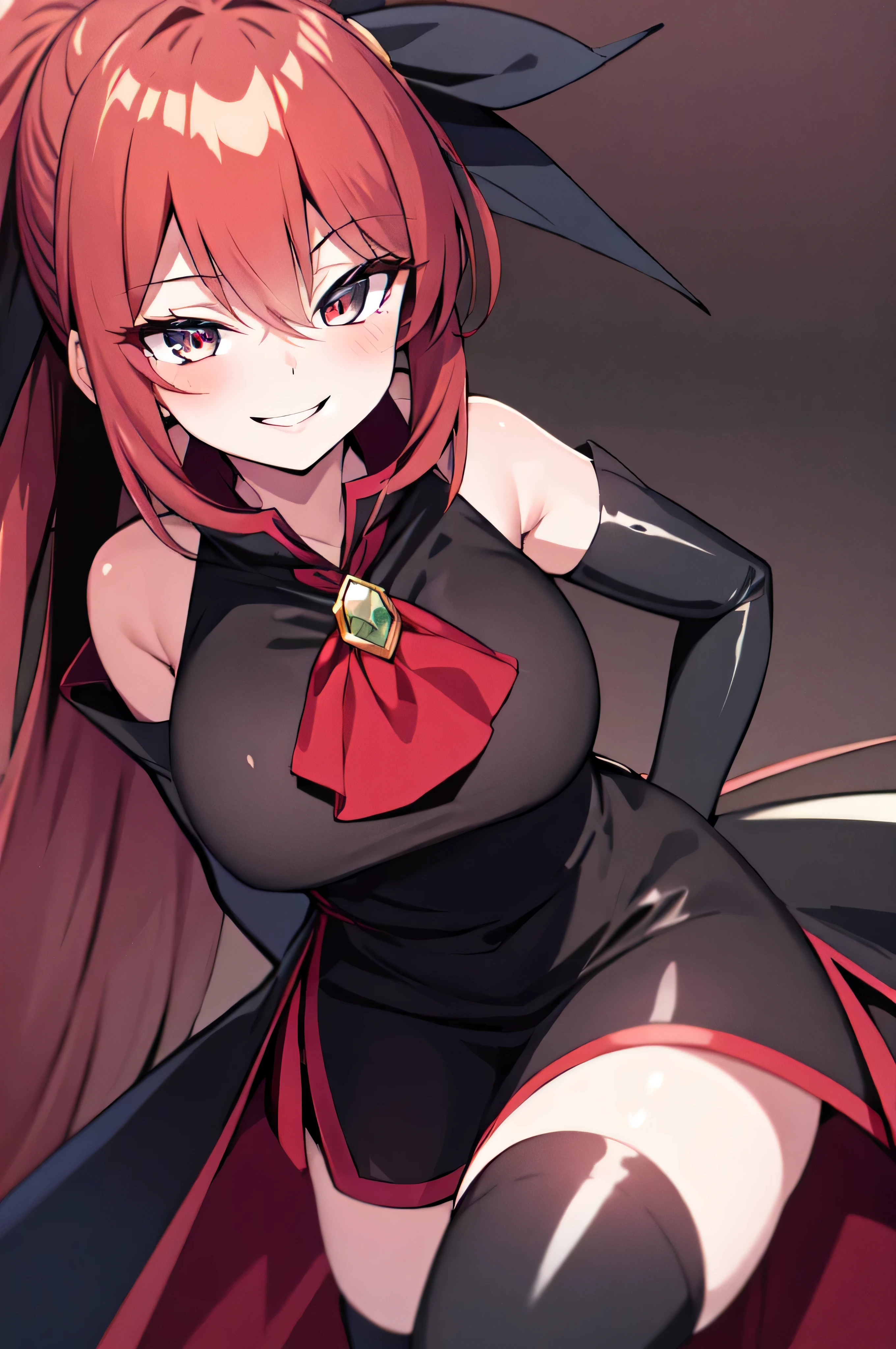 Highest quality, masterpiece, One Girl,Not beautiful, Red Ponytail, Long dress, brooch, Hair Ribbon, Black knee socks, Standing on the rubble, (Wicked Smile:1.1), ,,Dark shadowed face,ic smile,Malice,Contempt,smile,latex,Bad face,,Red Skirt,two hands,Two legs,five fingers,evil background,elbow gloves,latex, Wicked Smile, devilish aura (Shiny fabric:1.5),Dark world background,solo,