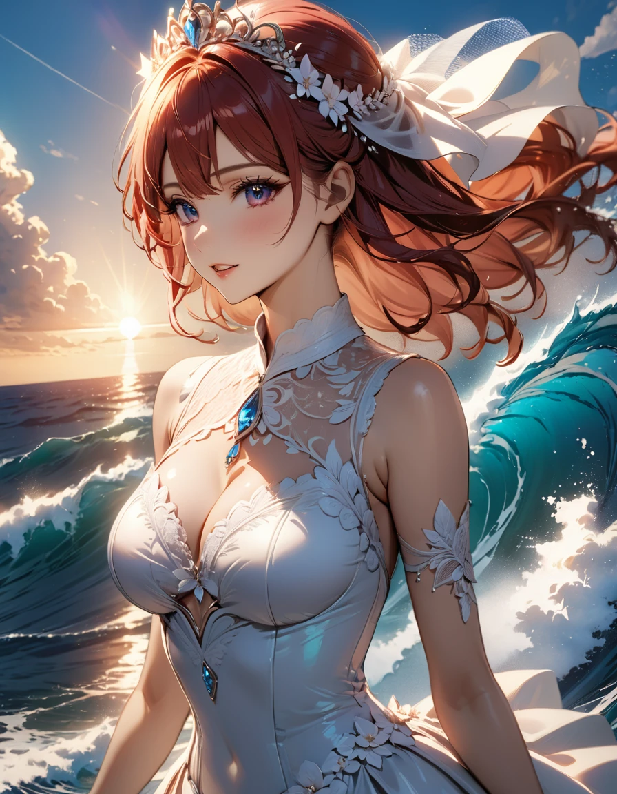 a portrait of a bride surfing the waves, on a sunny day in ocean, an exotic beautiful bride, ((anatomically correct: 1.5)) ultra detailed face, dynamic hair color, dynamic hair style, dynamic skin complexion, (best detailed face: 1.5), wearing intricate, elegant bride's dress, glamour bride dress, barefoot, she is surfing an (surf board: 1.3) she surfs a massive wave, sunny day, sun rays, some clouds, wavy ocean background, vibrant, Ultra-high resolution, High Contrast, (masterpiece:1.5), highest quality, Best aesthetics), best details, best quality, highres, 16k, (ultra detailed: 1.5), masterpiece, best quality, (extremely detailed) RAW, (ultra details, Masterpiece, best quality), sexy ding dress, princess dress