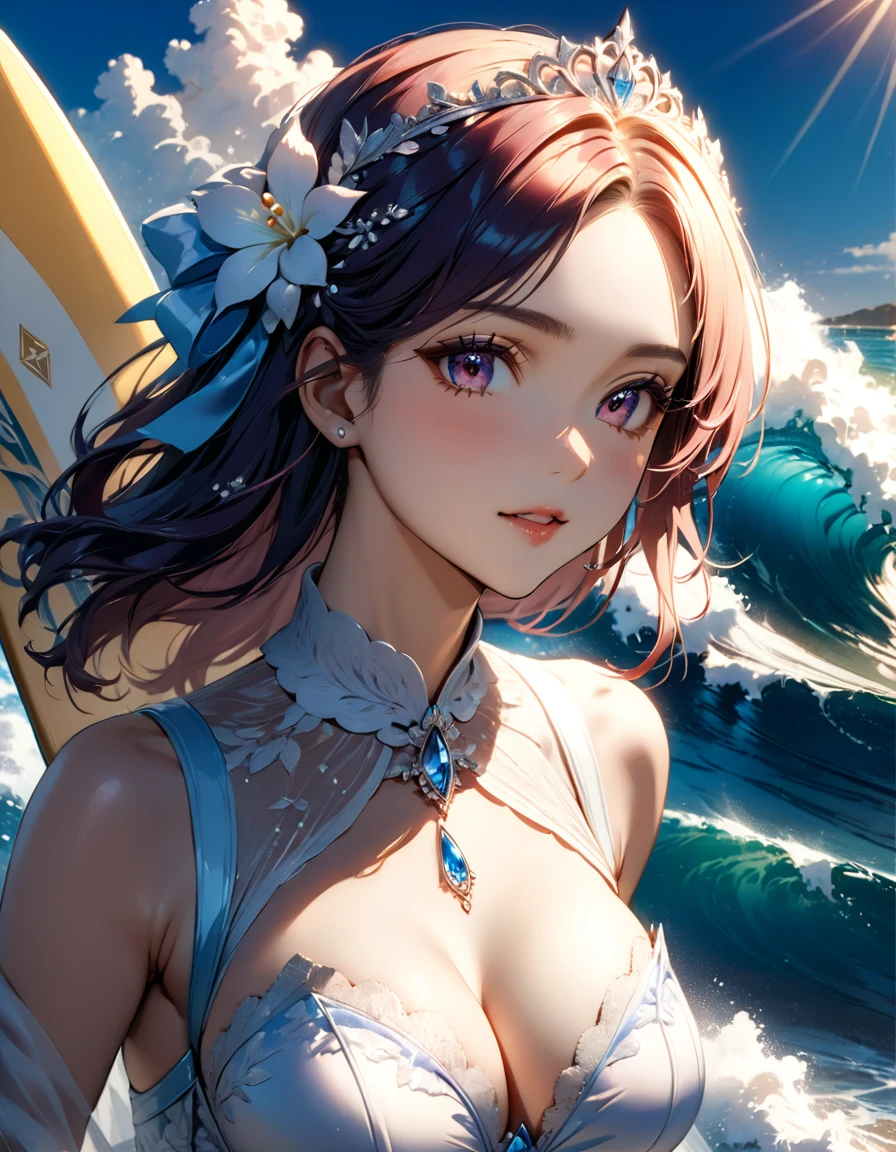 a portrait of a bride surfing the waves, on a sunny day in ocean, an exotic beautiful bride, ((anatomically correct: 1.5)) ultra detailed face, dynamic hair color, dynamic hair style, dynamic skin complexion, (best detailed face: 1.5), busty wearing intricate, elegant bride's dress, glamour bride dress, barefoot, she is surfing an (surf board: 1.3) she surfs a massive wave, sunny day, sun rays, some clouds, wavy ocean background, vibrant, Ultra-high resolution, High Contrast, (masterpiece:1.5), highest quality, Best aesthetics), best details, best quality, highres, 16k, (ultra detailed: 1.5), masterpiece, best quality, (extremely detailed) RAW, (ultra details, Masterpiece, best quality), sexy wedding dress, princess dress