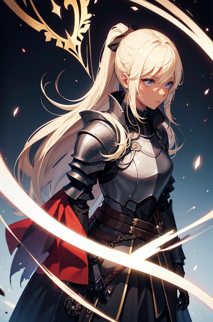 Beautiful images,Detailed Images,Official image,One Woman,Blonde,Blue Eyes,Ponytail Hair,Dark Skin,Pointed Ears,Black heavy armor,Red Cape,Several Black Knights behind him