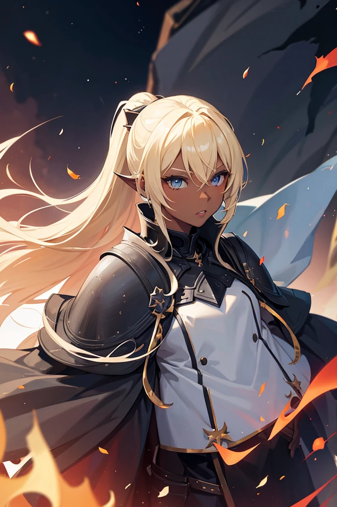 Beautiful images,Detailed Images,Official image,One Woman,Blonde,Blue Eyes,Ponytail Hair,Dark Skin,Pointed Ears,Black heavy armor,Red Cape,Several Black Knights behind him