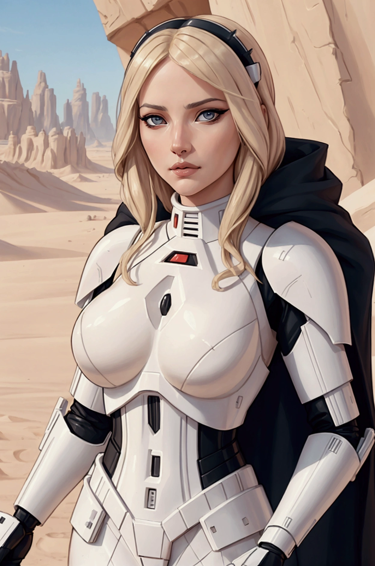 Accamary4, Accamary4, Average shot of a blonde sith woman against the backdrop of the desert., Based on concept art by Magalie Villeneuve., Trends in CG society, AB """""star Wars"""": The old Republic", influenced by the conceptual art of Ralph McQuarrie. The stormtrooper has a strong and confident expression on his face., emphasizing detailed facial features, like beautiful detailed eyes, lABios detallados, and extremely detailed eyes and face.. She is dressed in the traditional white armor of a stormtrooper.., with an elegant and futuristic design.. Combining illustration elements, 3D rendering, and photography, The result is a visually impressive and immersive piece... Colors and lighting are bright and dynamic., Improve the overall atmosphere of the artwork.. Image quality is paramount, with the best quality, 4K or 8K resolution, High resolution, and a masterpiece:1.2, making it a true masterpiece in terms of quality and detail..